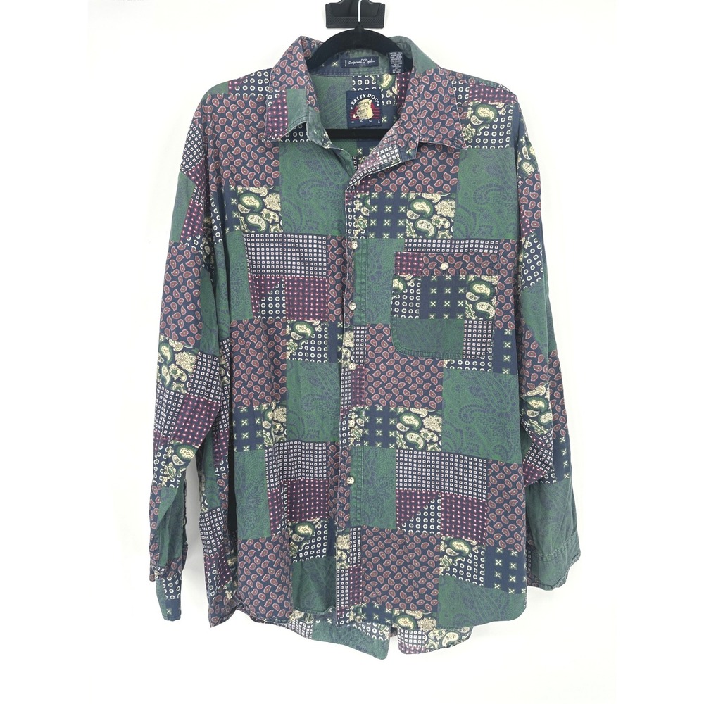 Vtg Salty Dog Button Up Shirt Men XL Green Patchwork Paisley Imperial Poplin 90s
